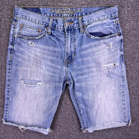 American Eagle Shorts Mens 31 Light Blue Raw Hem Distressed Denim Summer Bermuda - Picture 5 of 15